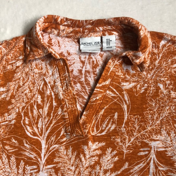 Rachel Zoe Linen Orange Floral Short Sleeve V-Neck Blouse Top - Picture 2 of 4